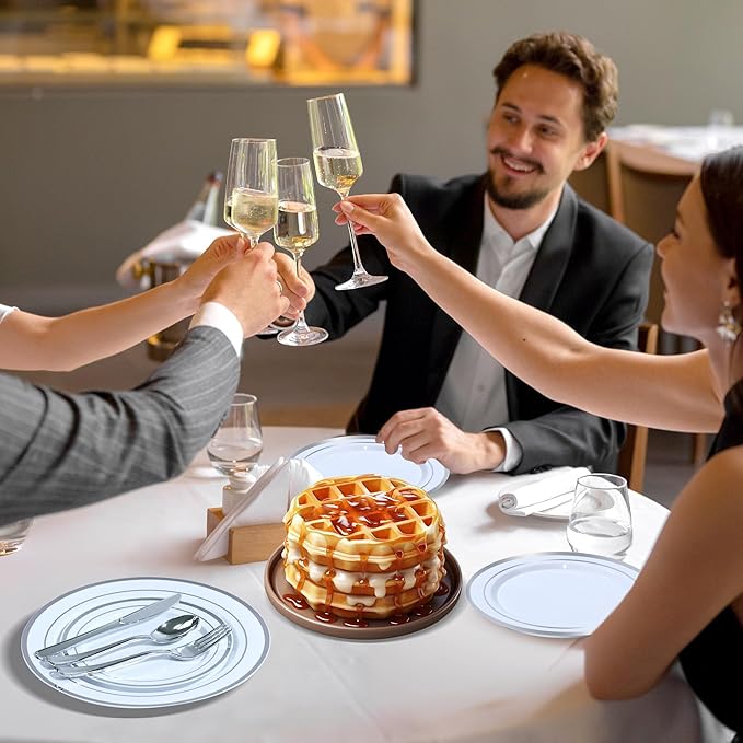 60 PCS Silver Plastic Plates, Silver Disposable Party Plates, Premium Christmas Plastic Plate Include 30 Dinner Platos 10'' and 30 Dessert Platos 7'' Perfect for Birthday, Christmas & Party