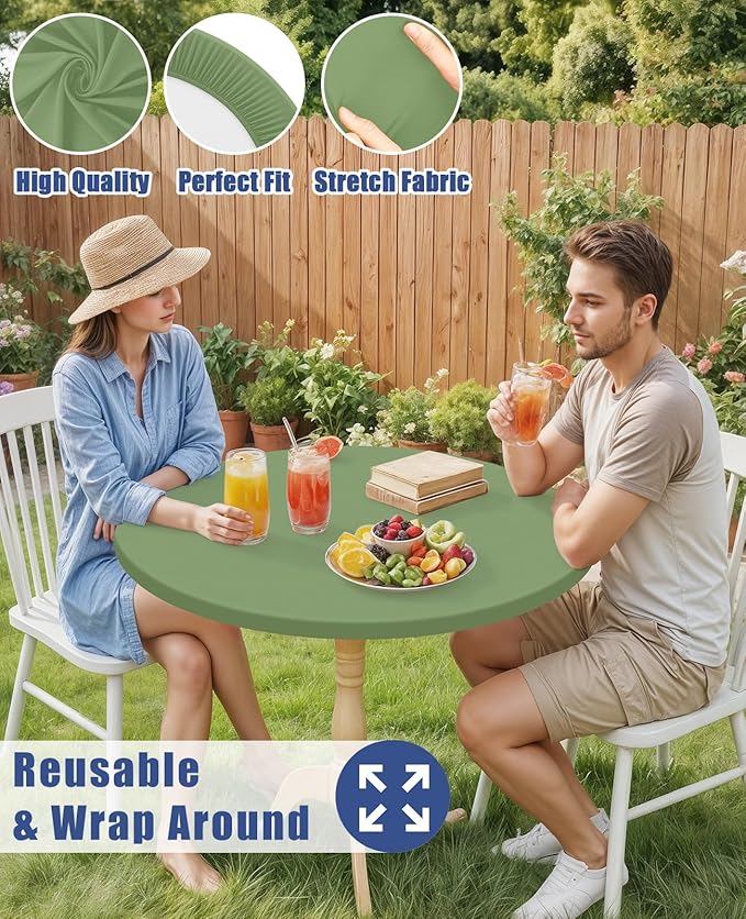 Round Spandex Tablecloth, Elastic Fitted Waterproof Tablecloths for 57"-68" Tables, Stretch Washable Picnic Table Cover for Camping, Dining, Indoor and Outdoor, Sage Green