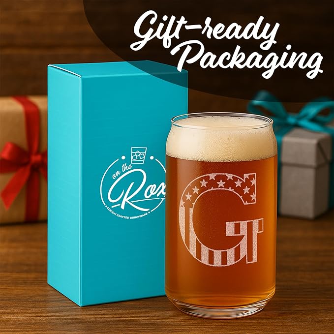 Monogram Beer Glasses for Men (A-Z) 16 oz - Beer Gifts for Men Brother Son Dad Neighbor - Unique Gifts for Him - Personalized Drinking Gift Beer Glass Mugs - Engraved Beer Can Glass (G)