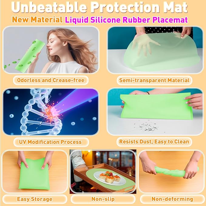 Oval Silicone Placemat Set of 4,Heat Resistant Placemats, Silicone Table Mats,Non-Slip Dining Mat for Home,Waterproof Easy Clean Kids Placemats,17"x12" Ultra-Thin Translucent (4Pcs, Green)