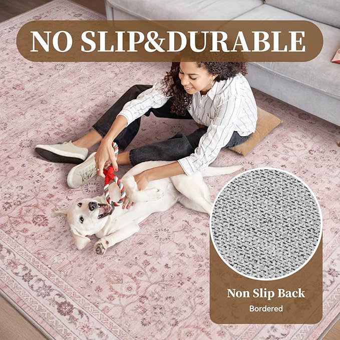 MontVoo-Vintage Area Rugs 8X10 Pink Rugs for Living Room-Soft Distressed Printed Rugs for Bedroom-Non Slip Carpet-Machine Washable Rug for Dining Room Living Room Bedside Office