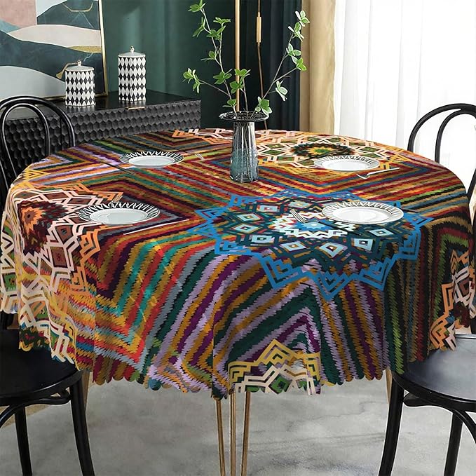 Laeacco 48 Inch Colorful Patchwork Round Tablecloth Woven Flowers Geometric Abstract Art Print Table Cloth Washable Waterproof Wrinkle Free Table Cover for Kitchen Dining Picnic Party Decoration