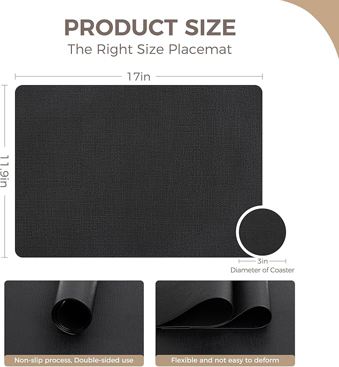 Vinyl Placemats Set of 12, Faux Leather Waterproof and Heat Resistant Place Mats, Washable Anti-Slip Table Mats with Coaster, Wipeable Placemats for Indoor & Outdoor 17" x 12" (Black, Set of 12)