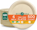 ECO SOUL Compostable Paper Plates 6 Inch (500 Count) Plates for Dessert, Heavy Duty, Eco-Friendly Sugarcane Bagasse Small Plates For Appetizer- Natural Brown