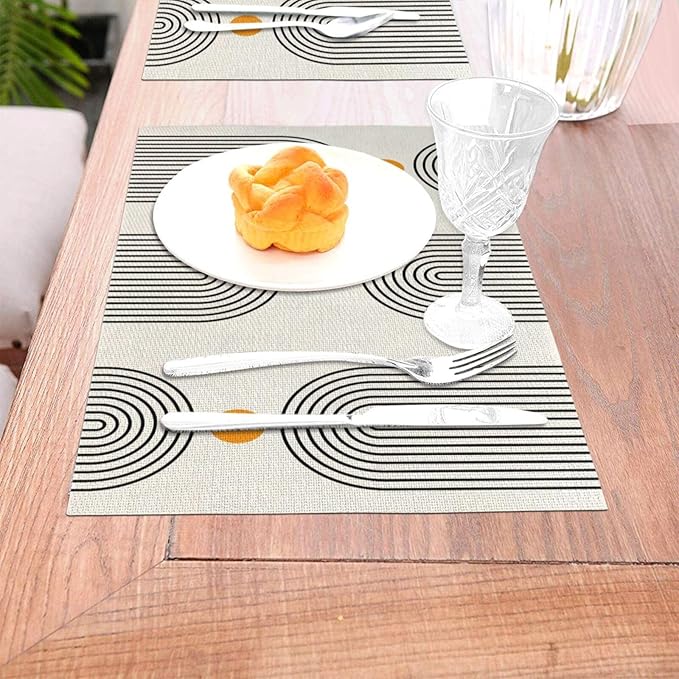 Boho Placemats 12x18 Inches Set of 4,Mid Century Black Orange Art Line Decorative Rectangle Bohemian Modern Abstract Table Mats for Party, Home Kitchen,Dining Table Decoration