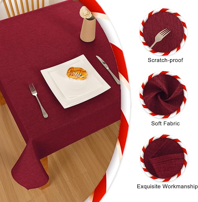 Hiasan Faux Linen Rectangle Tablecloth - Wrinkle and Stain Resistant Washable Table Cloth for Kitchen Dining Room Holiday Table Cover for Dinner, Red, 52 x 70 Inch
