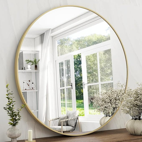 36 Inch Round Bathroom Mirror - Gold Wall Mounted Circle Mirror with Metal Frame, Modern Round Hanging Mirror Suitable for Bathroom, Vanity, Entryway, Living Room