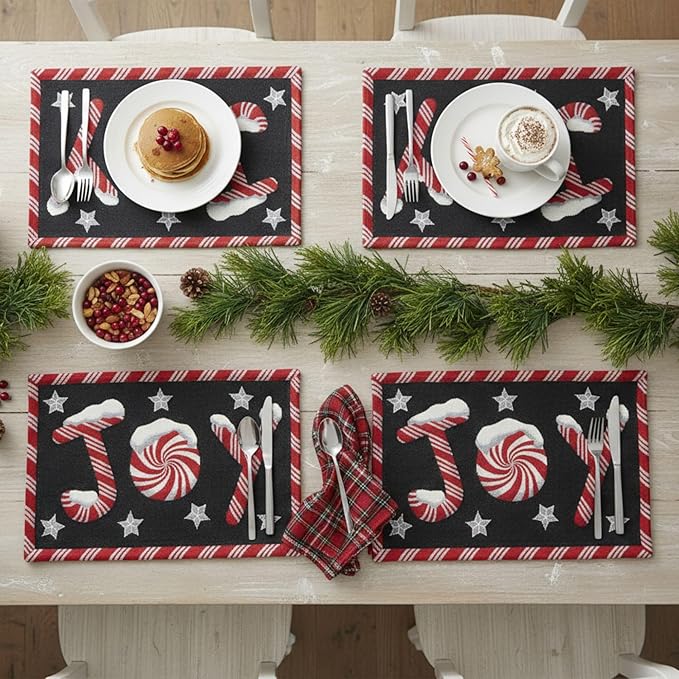 DaDa Bedding Starry Peppermint Joy Placemats - Set of 4 Festive Christmas Winter Holiday Tapestry - Red Black & White Cotton Linen Woven Yueltide Dining Table Mats - 13” x 19” (12904)
