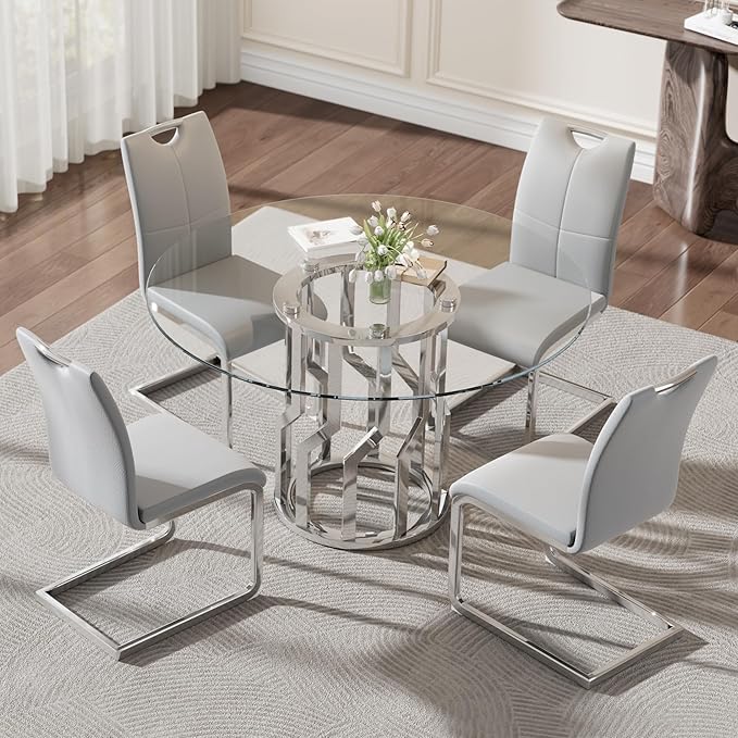 47.2" Round Glass Dining Table Set for 4, Modern 5 Piece Kitchen Table Set with Silver Stainless Steel Base & 4 PU Leather Accent Chairs, Saving Space, Dining Set for Apartment, Home - Grey Chair