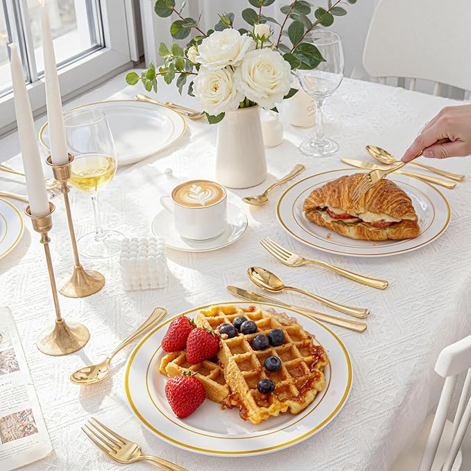 WDF 500PCS Gold Plastic Silverware Set Disposable - Gold Cutlery Set Plastic - 250Forks, 125 Spoons, 125 Knives for Birthday Wedding Valentine's Day