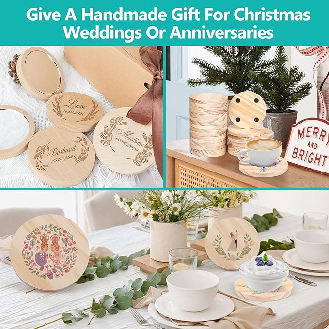 Adrattnay 96Pcs Unfinished Wood Coasters, 4" Round, Beige Pine Wood Drink Coasters with Non-Slip Dot for Tabletop Protection