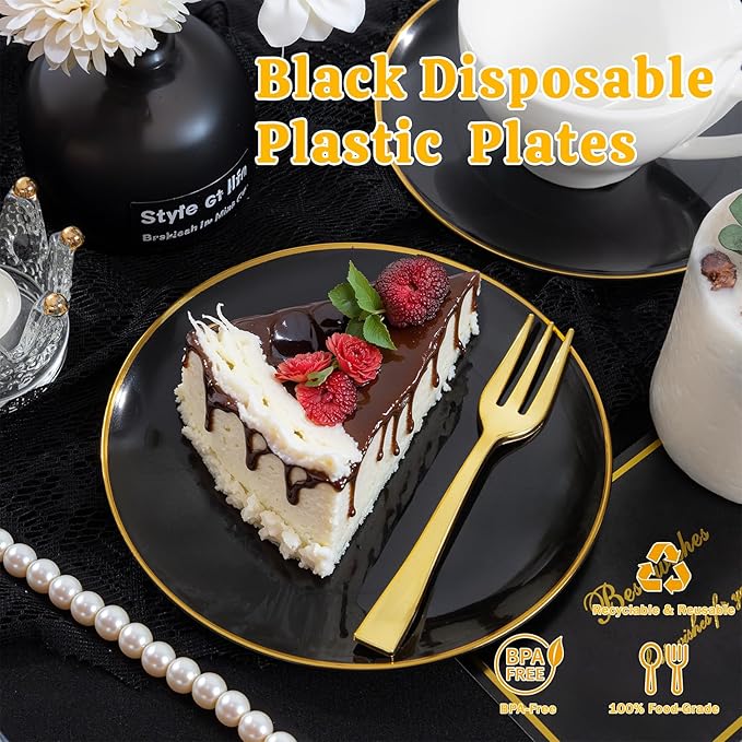 Festiva 400Pcs Black Gold Dessert Plates 6.3" with Forks 5"- 200PCS Small Disposable Dessert/Cake/Appetizer Plates and 200PCS Forks - Serve 200 Guests for Birthday Party& Wedding