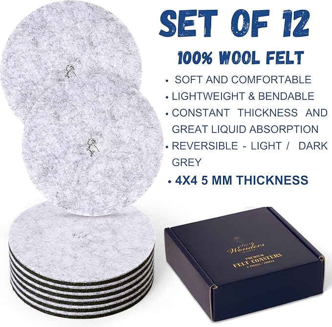 A&A Wonders Premium Felt Coasters for Drink, Two-Tone Reversible, Absorbent Felt Protects Furniture, Table, Anti Slip, Suitable for Drinks & All Table Types (Light Gray/Dark Gray, Circle 12 Pack)