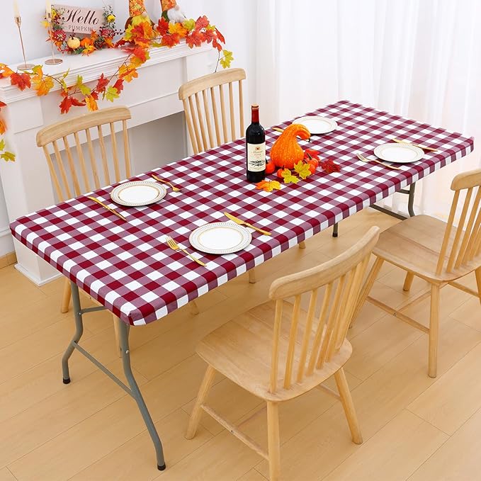 Smiry Rectangle Picnic Table Cloth, Elastic Waterproof Fitted Vinyl Tablecloths, Flannel Backed Buffalo Plaid Table Covers for Dining, Camping, Outdoor (Burgundy and White, 24" x 48")