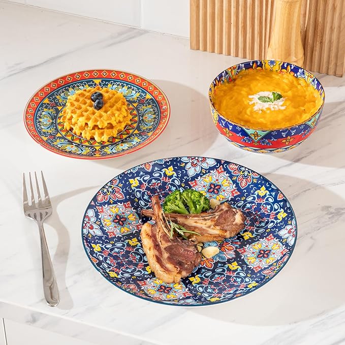 Sweejar Ceramic Dinnerware Sets for 8,24 Pieces Boho Plates and Bowls for Kitchen,Housewaring Gift,Bohemian Style Dish Set,Dishwasher and Microwave Safe(Colorful)