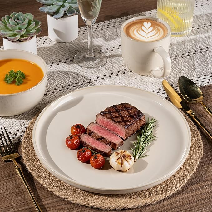 GBHOME Ceramic Dinnerware Sets for 4, 12 Pieces Stoneware Plates and Bowls Sets, Scratch Resistant Dishes, Dishwasher & Microwave Safe, Reactive Glaze-Vanilla color