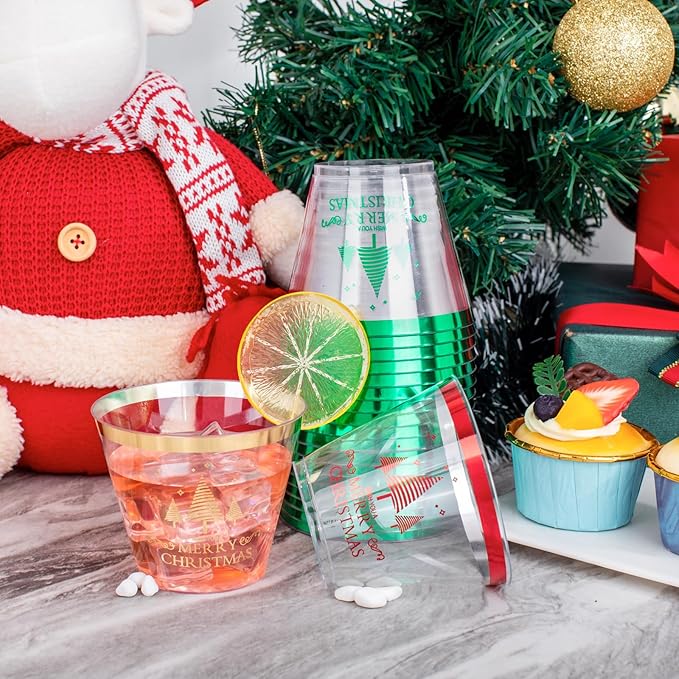 I00000 60PCS Merry Christmas Party Cups - Christmas Disposable Cups 9 Oz Clear Party Cups Wine Glasses Disposable Clear Plastic Cocktail Cups Tumblers Drinking Cups for Xmas Parties
