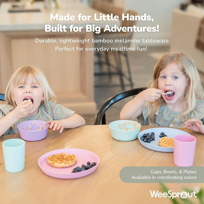 WeeSprout Bamboo Kids Bowls with Lids, Set of Four 10 oz Kid-Sized Dinnerware, Cereal, Leftovers & Snack Bowl, Dishwasher Safe (Blue, Yellow, Orange, & Red)