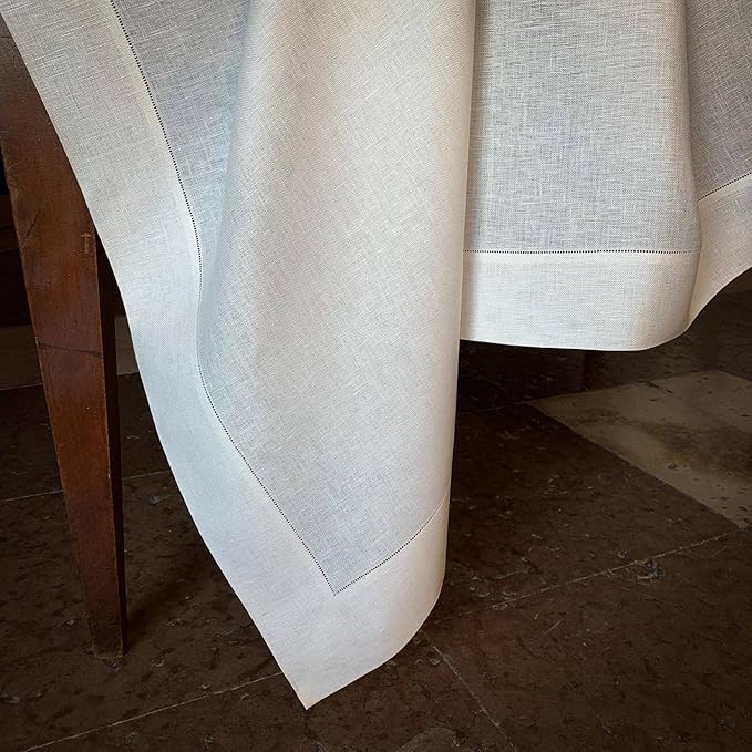 EVERLY Pure Linen Hemstitch Tablecloth,100% Stonewashed French Linen tablecloths for Kitchen Dining Rectangle Tables,60x120Inch Machine Washable Christmas Thanksgiving Organic Tablecloth-White