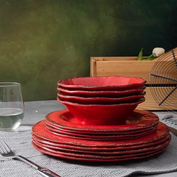 LEHAHA Melamine Cereal Bowls Sets, Set of 6 7” Farmhouse Melamine Small Bowls for Salad, Pasta, Snack, Dessert, Soup, Dipping or Ice Cream, Dishwasher Safe, Red
