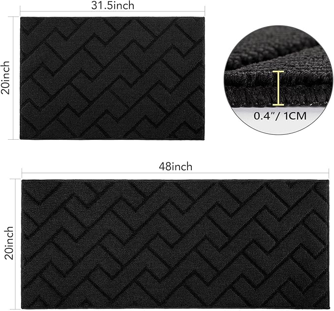 hicorfe Kitchen Rugs and Mats Sets,2 Pieces Super Absorbent Polypropylene Non-Slip Rug,Soft Comfort Floor Mat,Washable for Kitchen,Hallway,Office,Sink,Laundry(20" x 32"+20" x 48",Black)