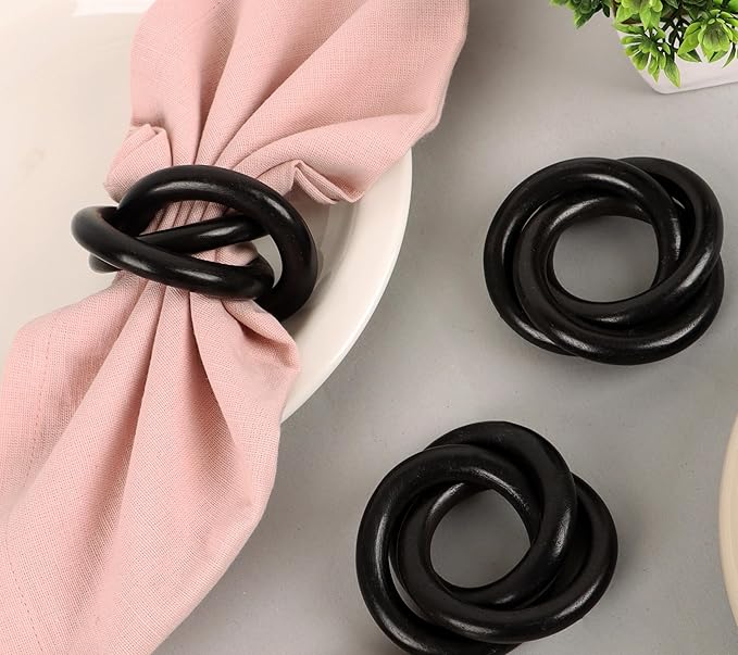 Alpha Living HOM Three Ring Wooden Napkin Rings Set of 12 - Napkin Holder Cuffs for Dinner Table Décor - Rustic Modern Serviette Rings for Weddings, Parties, Receptions, Banquets (Black)
