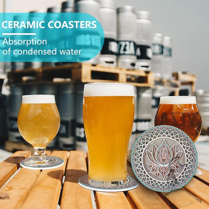 Mandala Coasters for Drinks,Doawbang Absorbent Ceramic Stone Coasters Set of 4 Cork Base Marble Art Cups Table Mats for Home Decor (Green)