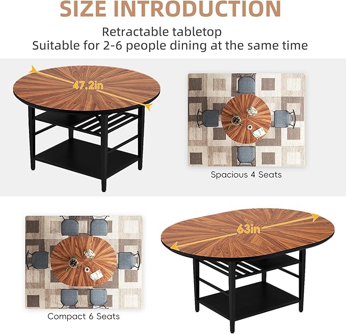 VFK 47.2"-63" Extendable Round Dining Table Set for 4–6, Solid Wood & Metal Table with Wine Rack Storage Shelf, Walnut Kitchen Furniture with 4 Upholstered Chairs (Storage Table and 4 Black Chairs)