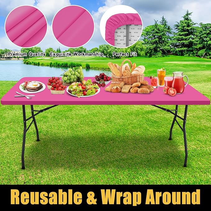 Smiry Rectangle Picnic Table Cloth, Waterproof Elastic Fitted Tablecloths for 5 Foot Tables, Washable Polyester Table Cover for Camping, Indoor and Outdoor (Rose Pink, 30"x60")