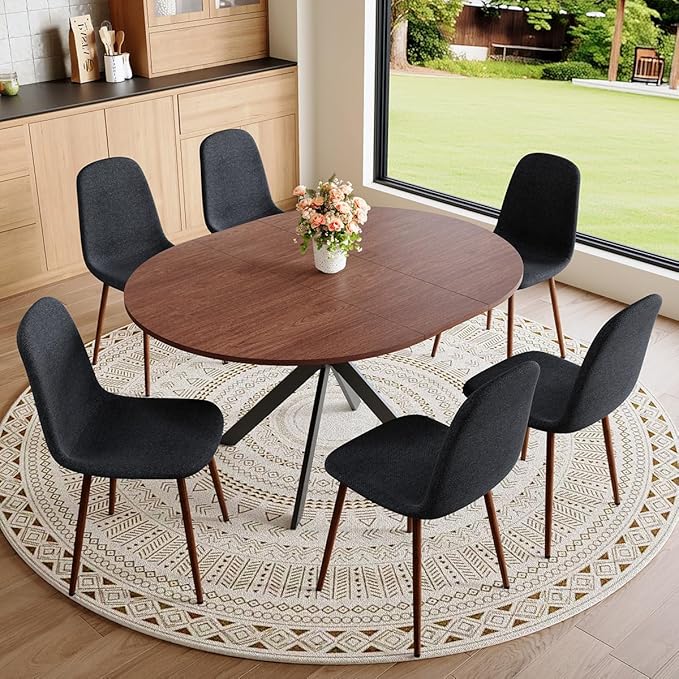 Round Dining Table Set for 6｜42"-54" Extendable Dining Room Table Set｜Wooden Kitchen Table with 6 Chairs｜Mid Century Modern Dinner Table Set with Cross Legs｜Easy Assembly｜Space Saving