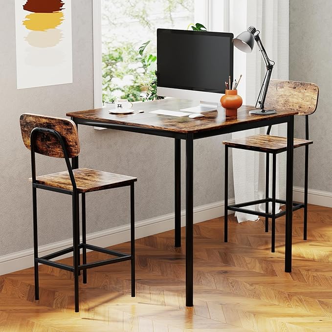 COSTWAY Dining Table Set for 4, 5-Piece Square Kitchen Nook Dinette Set with 4 Bar Stools with Footrest, Backrest, Space-Saving Design, Industrial Kitchen Table and Chairs for Apartment, Coffee