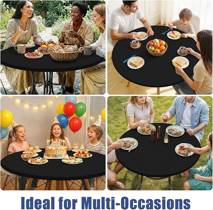 Round Spandex Tablecloth 2 Pack, Elastic Fitted Waterproof Tablecloths for 45"-56" Tables, Stretch Washable Picnic Table Cover for Camping, Dining, Indoor and Outdoor, Black