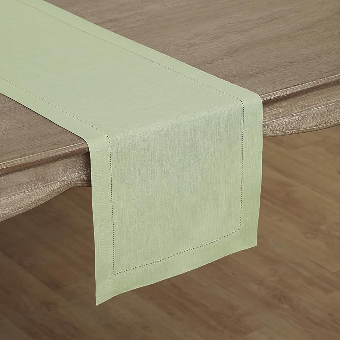 Solino Home Linen Table Runner 48 Inches - 100% Pure Linen Sage Green Hemstitch Table Runner 14 x 48 Inch Ideal for Dresser and Coffee Tables - Spring, Easter, St Patricks Day - Classic Hemstitch