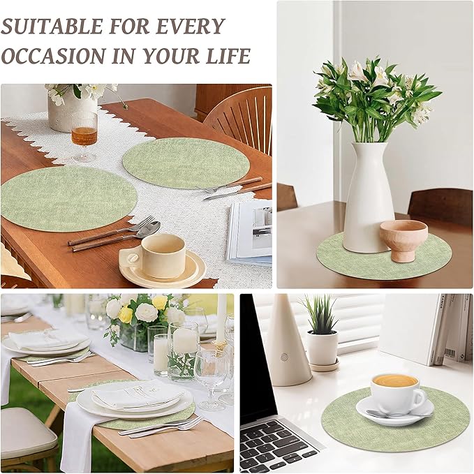 13" Round Placemats Set of 6, Reversible Faux Leather Heat Resistant Table Mats, Waterproof Oilproof Wipeable Table Protective Placemats for Vinyl, Washable for Indoor & Outdoor Use (6, Light Green)
