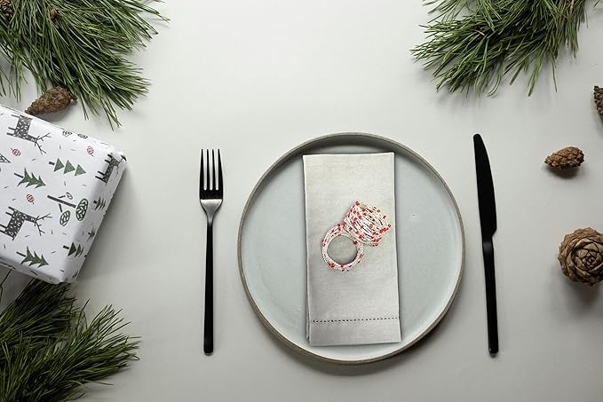 Silver Red Beaded Napkin Ring Set of 12 - Beautiful Fancy Elegant Decorative Napkin Holder for Dinner Table Decoration, Christmas, Farmhouse, Wedding, Party, Family Gathering, New Year & Everyday Use