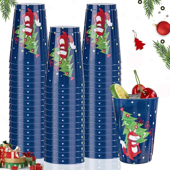 I00000 50Pcs 12oz Christmas Tree Design Christmas Plastic Cups, Premium Disposable Cups Cocktail Cup, Dark Blue Xmas Party Cup with Red Fox Design Pattern Design, Perfect for Xmas Party