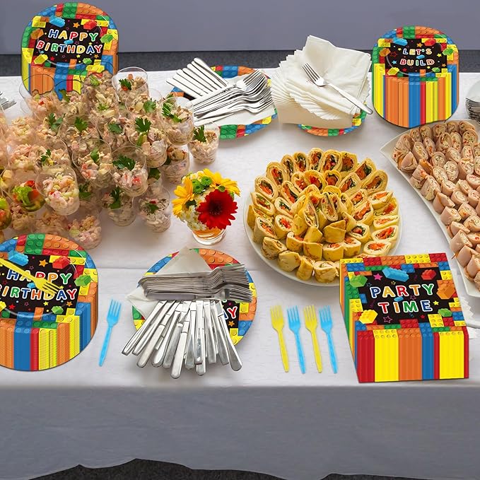 200 Pcs Building Blocks Birthday Party Supplies Paper Plates Napkins Colorful Blocks Party Birthday Decorations Favors for Kids Bricks Serves 50