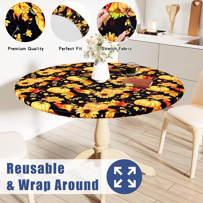 Round Spandex Thanksgiving Tablecloth, Elastic Fitted Waterproof Tablecloths for 36"-44" Tables, Stretch Washable Picnic Table Cover for Autumn Harvest Parties, Pumpkin Sunflower