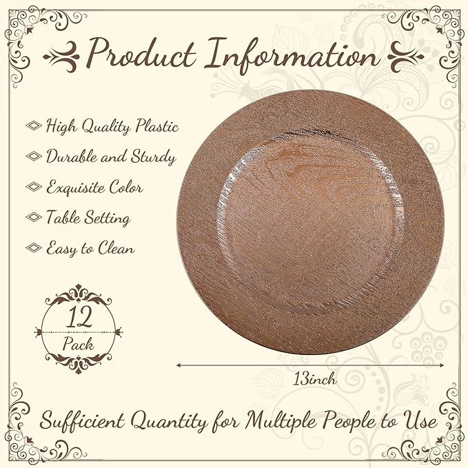 Mifoci 12 Pcs Faux Wooden Charger Plates 13 Inch Round Rustic Plastic Plates Antique Design Bulk Decorative Chargers for Dinner Tray for Wedding Dinner Table Farmhouse Party Event (Brown)