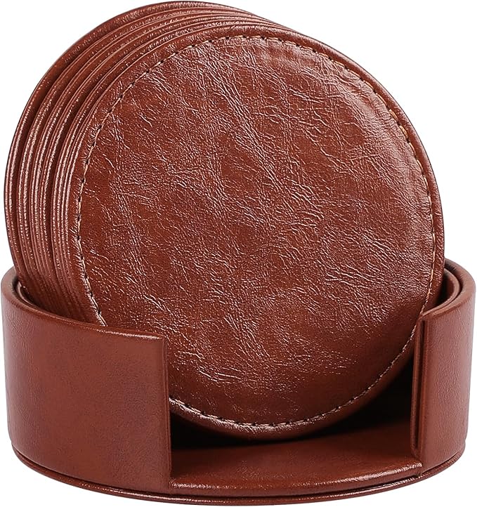 6 Pcs Premium Leather Coasters with Holder, Tabletop Protection, Coffee Table & Bar Decoration, Modern-Style Drink Coasters Suitable for Home Dining Tables & Kitchen Accessories (Brown)