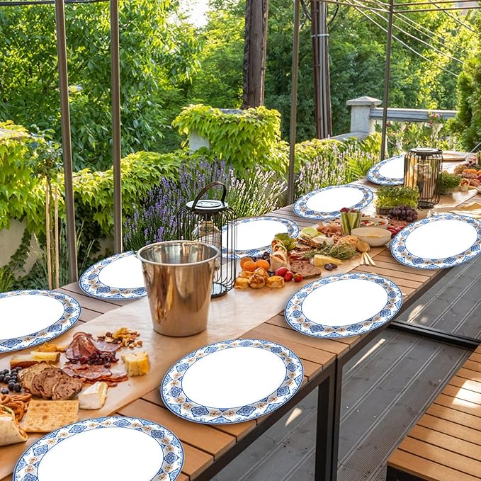 50Pcs Blue Floral Oval Plates 10"x 12", Large Disposable Paper Plates, Heavy Duty Flower Plate Tableware for Family Gathering, Dinner Time, Birthday, Wedding, Holiday Party Serving Supplies