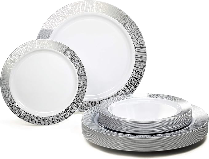 OCCASIONS 120 Plates Pack,(60 Guests) Premium Wedding Party Disposable Plastic Plates Set -60 x 10.25'' Dinner + 60 x 7.5'' Salad/Dessert (Starlight in White & Silver)