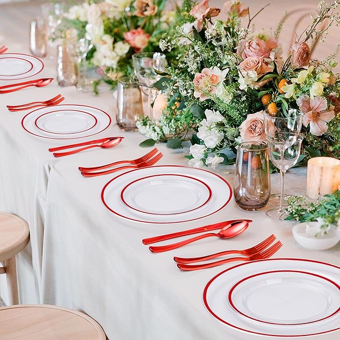 BESTSTAR 200PCS Red and Clear Plastic Plates, Disposable Plate Set with 100 Dinner Plate and 100 Dessert Plates for Party, Christmas, Valentine's Day