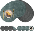 Round Placemats and Coasters Set of 8, Washable Reversible Faux Leather Placemats Cowhide Pattern Place Mats Wipeable Non-Slip 15 inch Round Kitchen Dining Table Mats (Gray Blue Green, 8)