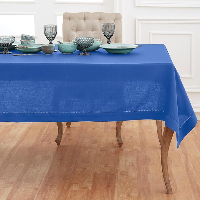 Solino Home Linen Tablecloth for Rectangle Tables 60 x 120 Inch - Classic Hemstitch 100% Pure Linen Royal Blue Table Cloth - Machine Washable Cloth Tablecloth for Spring