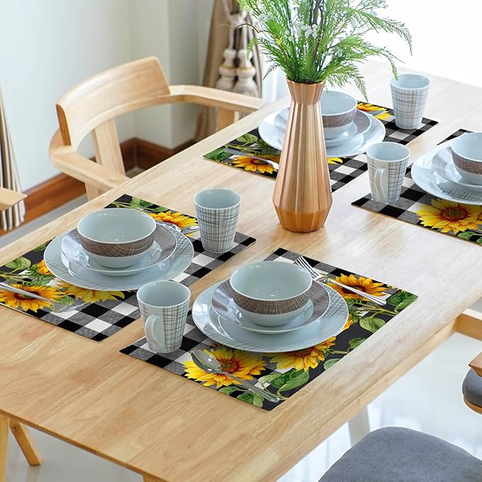 Sunflower Placemats Set of 4 - Buffalo Plaid Place Mats 12x18 Farmhouse Table Mats Spring Summer Kitchen Mats for Party Dining Table