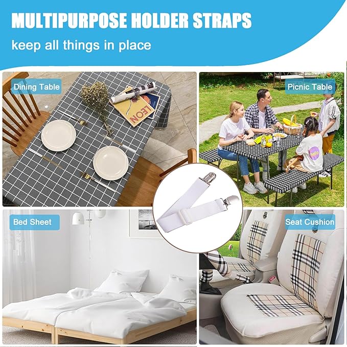 Table Cloth Holder Clips Hidden Strap 5 Pack, Adjustable Elasticity Picnic Tablecloth Clip Indoor Outdoor Large Clamp for Thick Tables Bench Cover Party Restaurant Camping RV Essential Accessories