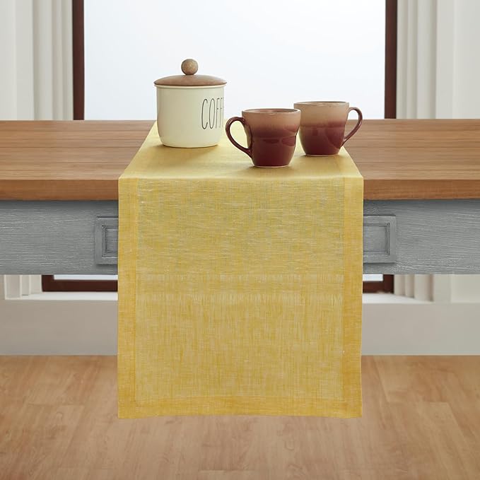 Solino Home Linen Table Runner 90 Inches Long - Athena, 100% Pure Linen Chambray Lemon Yellow Table Runner 14 x 90 Inch for Spring, Easter