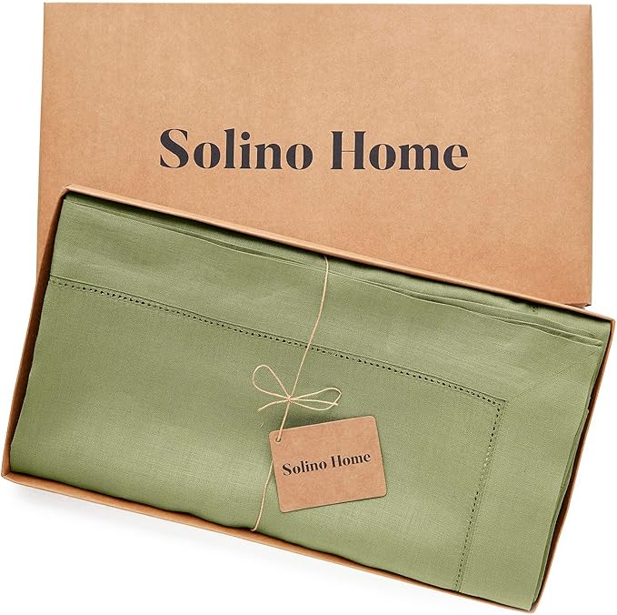 Solino Home Moss Green Linen Tablecloth 60 x 120 Inch - Classic Hemstitch, 100% Pure Linen Rectangular Tablecloth - Machine Washable Table Cloth for Winter, Spring, Easter, St Patricks Day