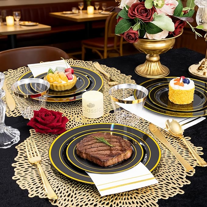 GATHER 350PCS Black Plastic Plates - Black and Gold Disposable Dinnerware Set Include 100 Plates, 150 Gold Silverware, 50 Napkins, 50 Cups for Party & Wedding & Birthday